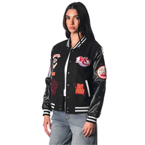 The Wild Collective Kansas City Chiefs Black Varsity Sparkle Jacket Stylish Game Day Fashion