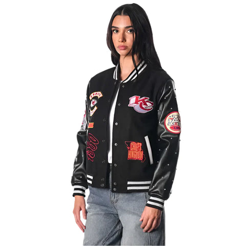 The Wild Collective Kansas City Chiefs Black Varsity Sparkle Jacket Stylish Game Day Fashion