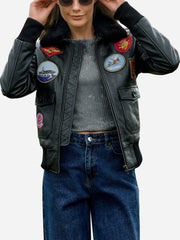 Candace Black Leather Aviator Jacket