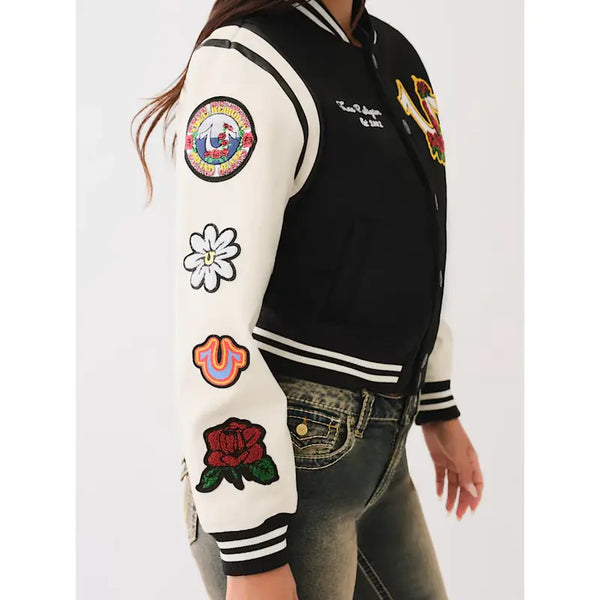 True Religion Women Embroidered Patch Varsity Jacket