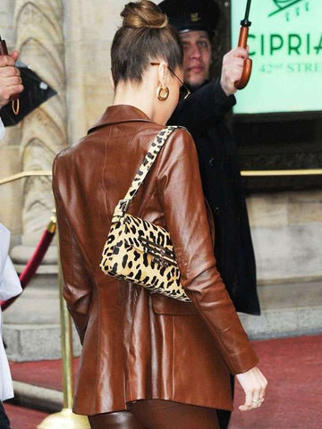 Bella Hadid NYC Brown Leather Jacket