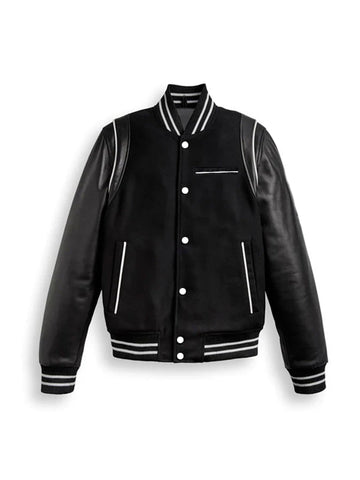 Black Varsity Bomber Leather Jacket With Stripes