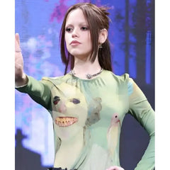 Wednesday S02 Press Conference Jenna Ortega Green Printed Top