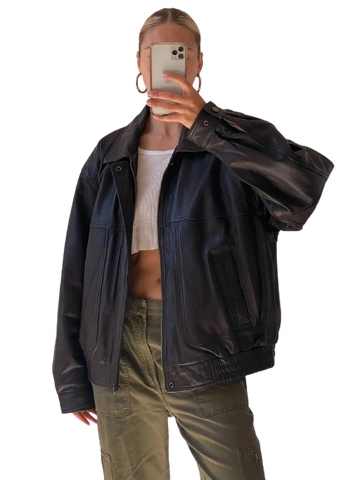 90’s Style Leather Bomber Jacket Women, Black