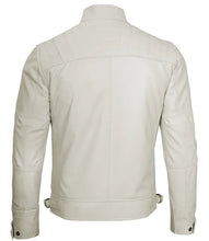 Mens Off White Cafe Racer Leather Jacket | Quilted Detailing