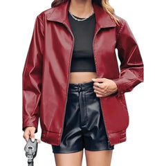 Slightly Oversized Women Red Leather Jacket