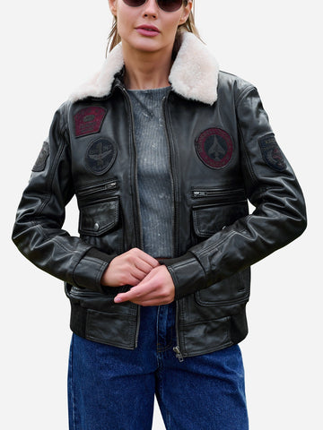 Kinsley Black Leather Flight Bomber Jacket