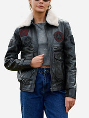 Kinsley Black Leather Flight Bomber Jacket
