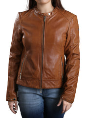 Ofeliya Tan Brown Perforated Leather Motorcycle Jacket
