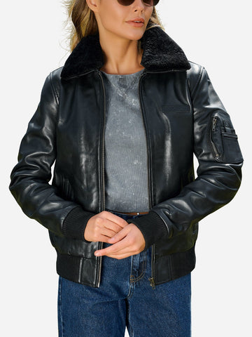 Ginny Shearling Black Bomber Leather Jacket