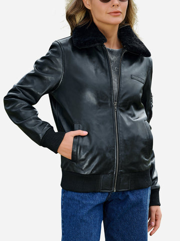 Ginny Shearling Black Bomber Leather Jacket
