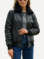 Ginny Shearling Black Bomber Leather Jacket