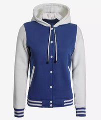Women's Royal Blue and White Hooded Baseball Letterman Jacket - Varsity Style