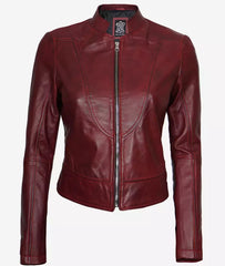 Womens Maroon Leather Cafe Racer Jacket