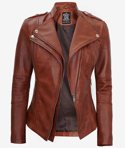 Women's Cognac Motorcycle Leather Jacket