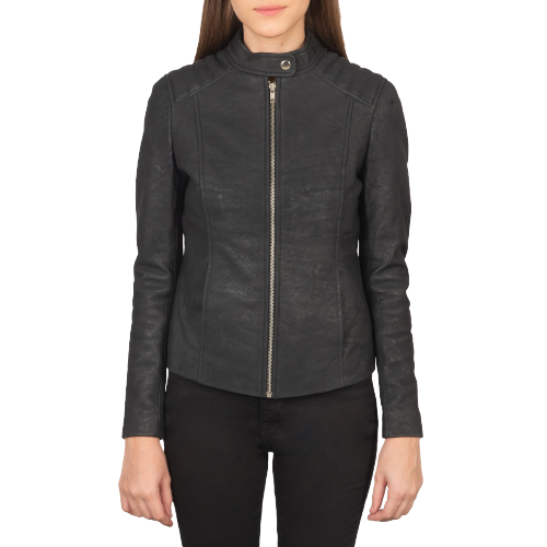 Kelsee Distressed Leather Biker Jacket Women, Black