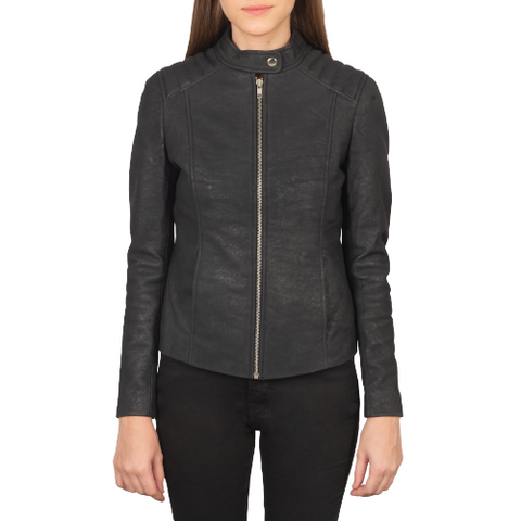 Kelsee Distressed Leather Biker Jacket Women, Black
