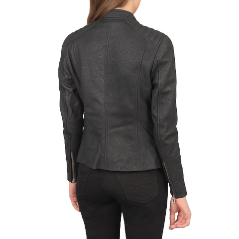 Kelsee Distressed Leather Biker Jacket Women, Black