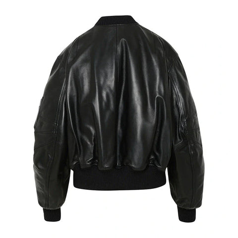 McQueen Leather Bomber Jacket Women, Black