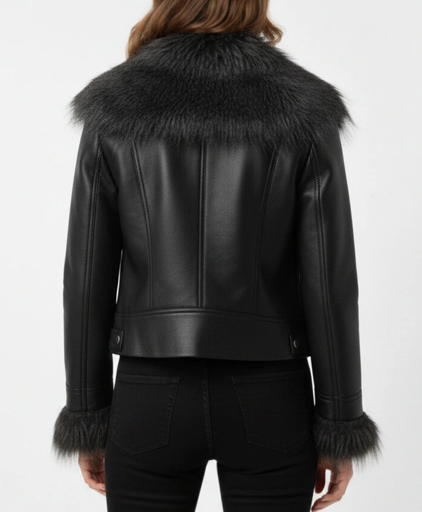 Womens Black Leather Jacket with Fur Collar