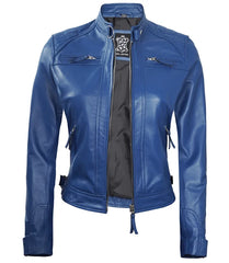 Women’s Blue Fitted Biker Leather Jacket | Quilted Pattern