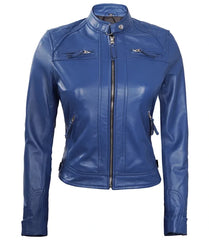 Women’s Blue Fitted Biker Leather Jacket | Quilted Pattern