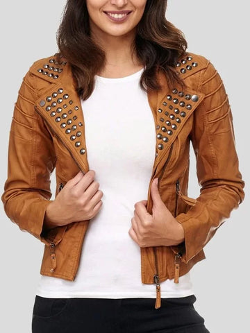 Women's Brown Studded Biker Leather Jacket