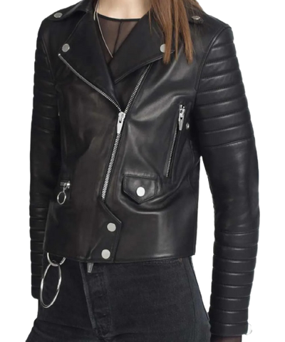 Sheep Leather Biker Jacket Women, Black
