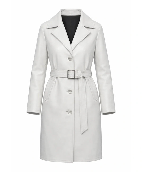 Womens White Belted Leather Coat