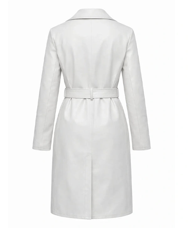 Womens White Belted Leather Coat