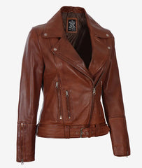 Women's Asymmetrical Cognac Leather Jacket