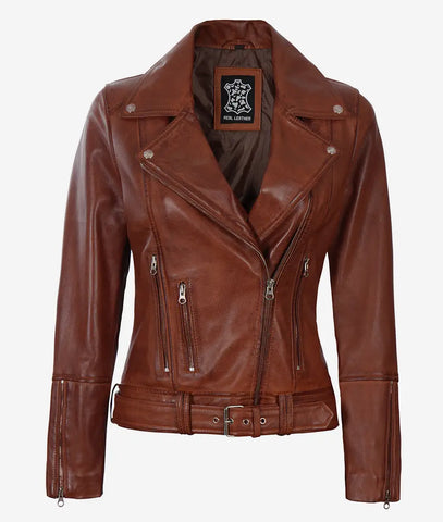 Women's Asymmetrical Cognac Leather Jacket