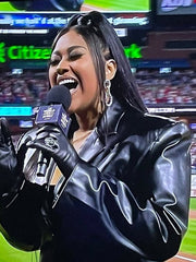 World Series Game Jazmine Sullivan Black Leather Coat