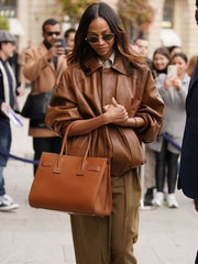 Zoe Saldaña  Brown Leather Jacket