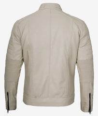 Mens Beige Cafe Racer Leather Jacket