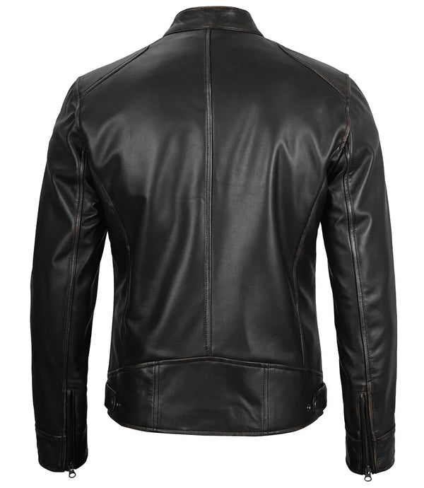 Dodge Men's Black Leather Cafe Racer Jacket