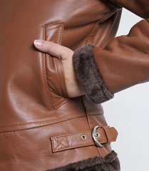 Women's Cognac Aviator Leather Jacket With Hood