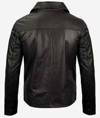 Men's Dark Black Leather Jacket with Shirt Collar