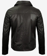 Men's Dark Black Leather Jacket with Shirt Collar
