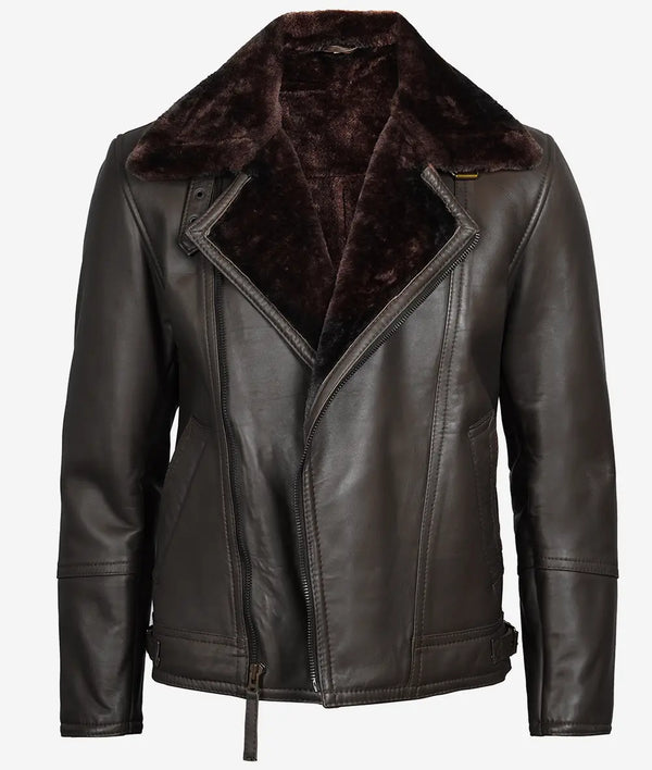 Men's Shearling Lined Dark Brown Moto Leather Jacket