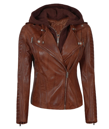 Women Leather Jacket With Hood Cognac