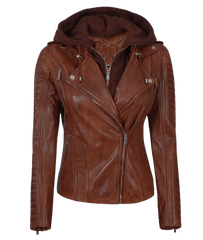 Women Leather Jacket With Hood Cognac