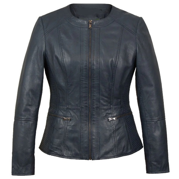Collarless Leather Blazer Women Navy
