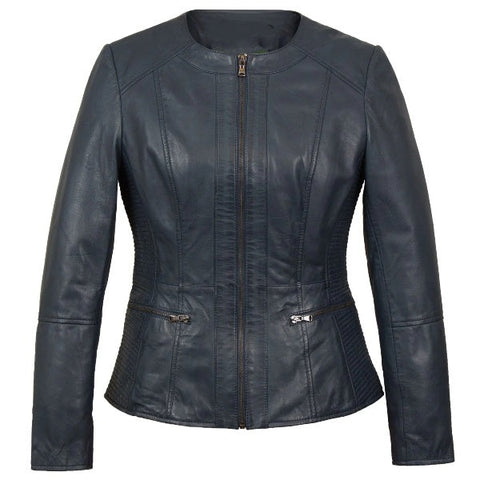 Collarless Leather Blazer Women Navy