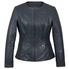 Collarless Leather Blazer Women Navy