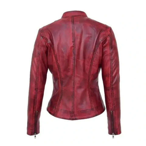 Women Distressed Red Leather Jacket