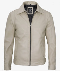 Men's Classic Shirt Collar Beige Leather Jacket