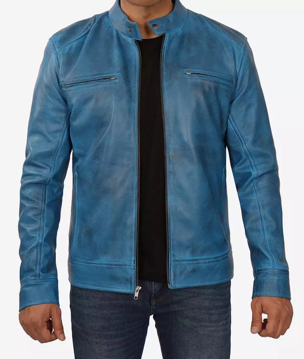 Mens Real Lambskin Leather Blue Cafe Racer Jacket