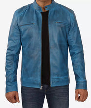 Mens Real Lambskin Leather Blue Cafe Racer Jacket