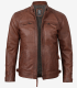 Men's Cognac Leather Café Racer Jacket - Quilted Shoulder
